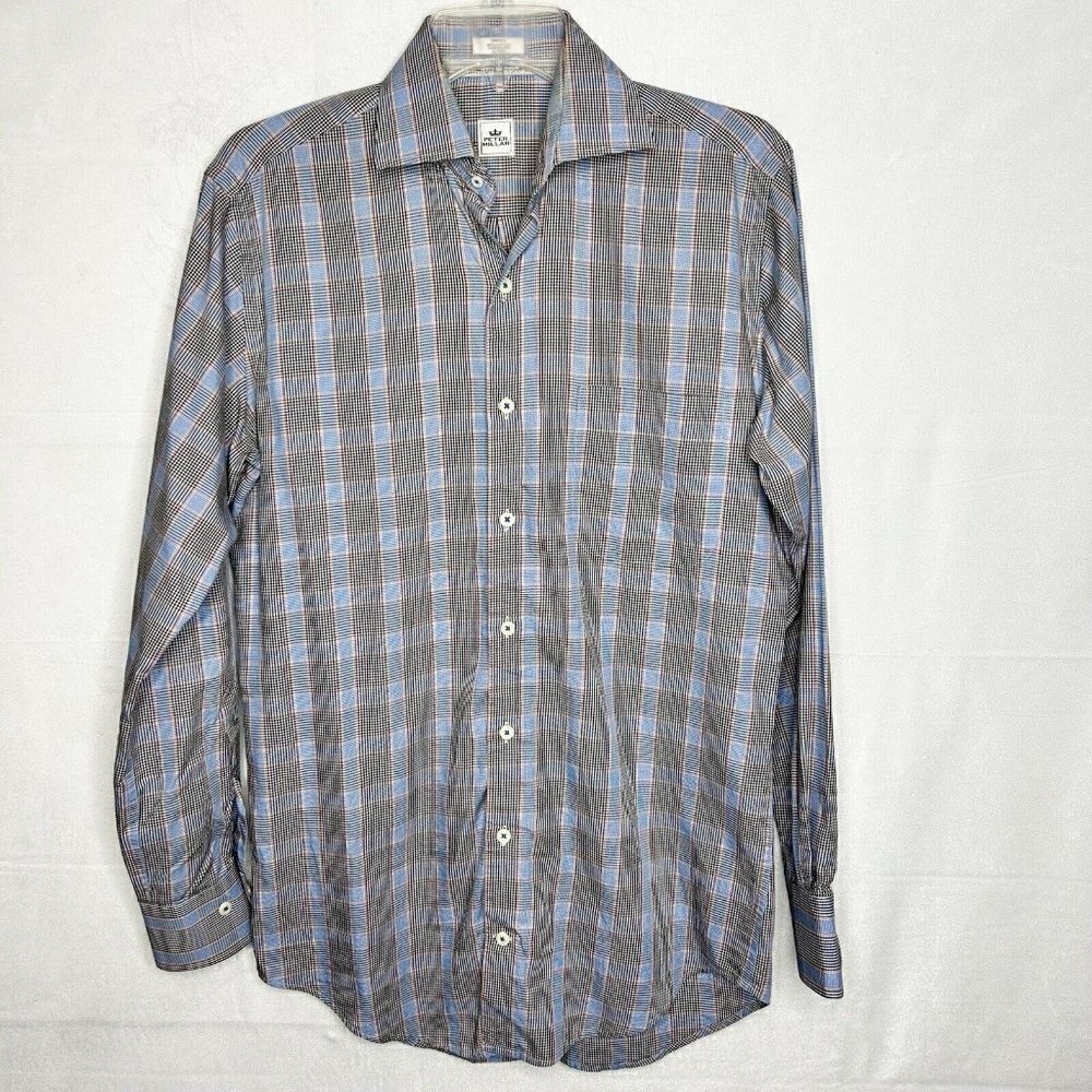 PETER MILLAR Mini Houndstooth Plaid Button-Down Cotton Shirt Blue Orange Sz S